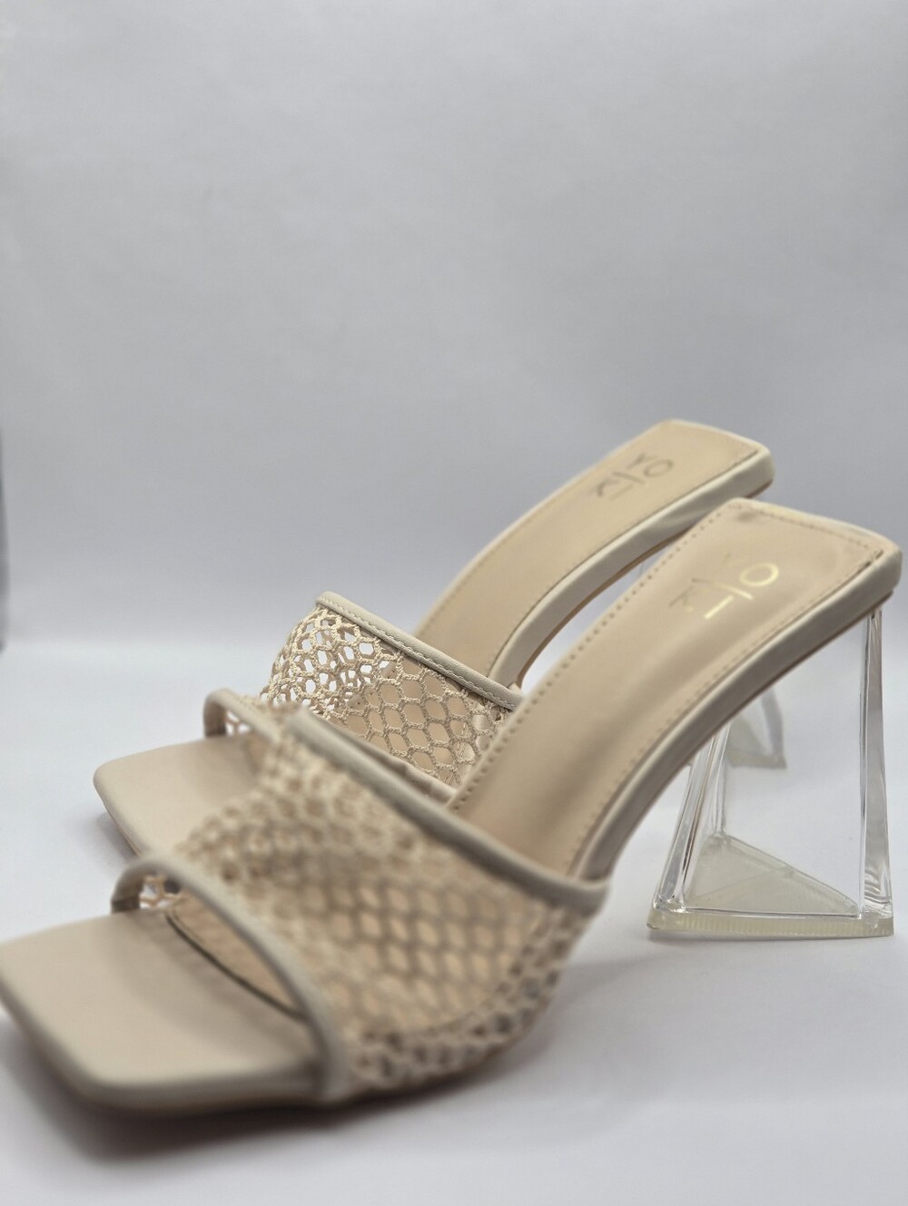 Yoki Beige Mesh Slide Heels with Clear Block Heel